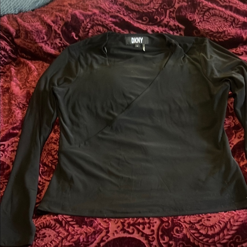 DKNY Black Asymmetrical Knot/Twist Detail Women's Long Sleeved Top M
